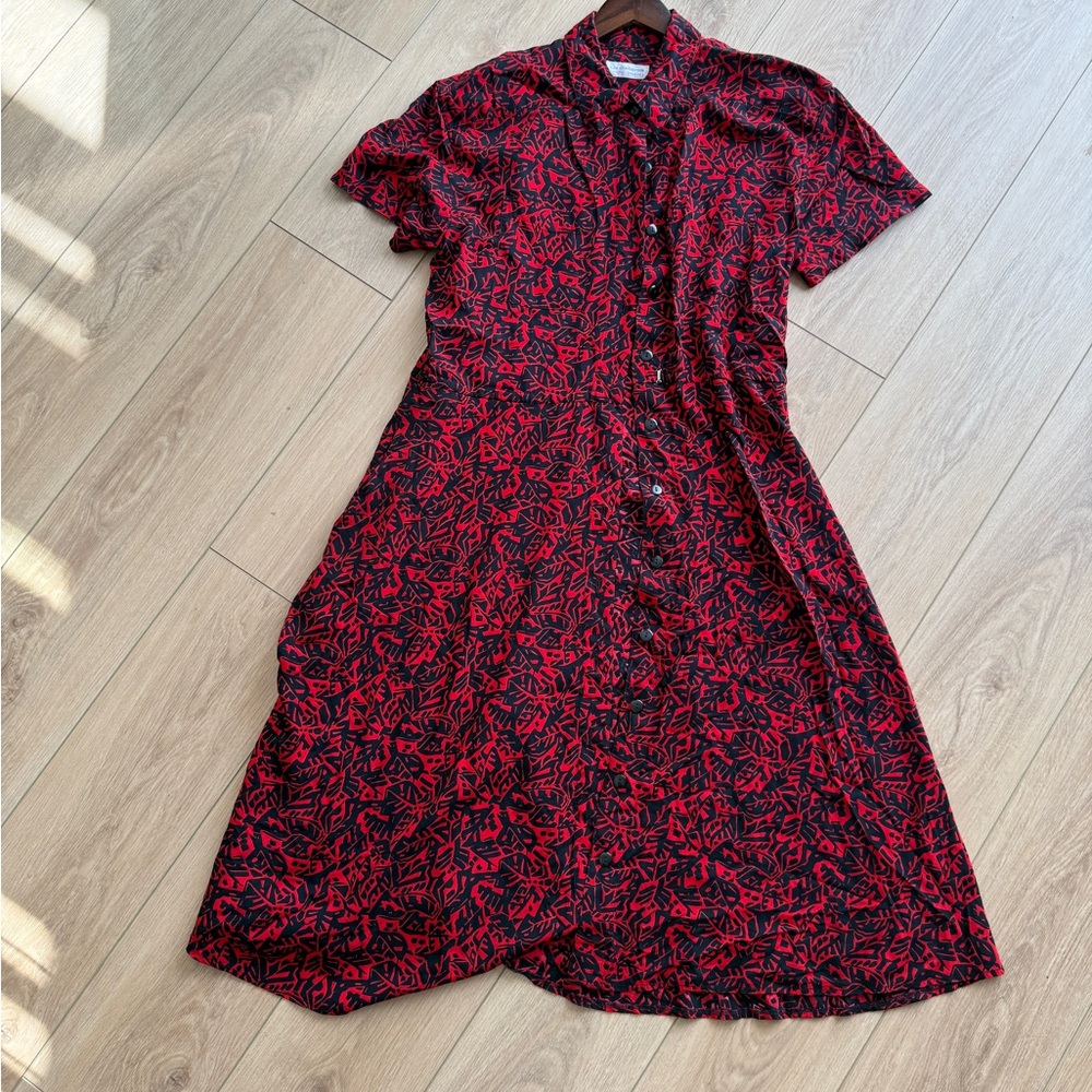 Vintage Liz Claiborne Red & Black Abstract Print Shirt Dress | Size 14 Petite